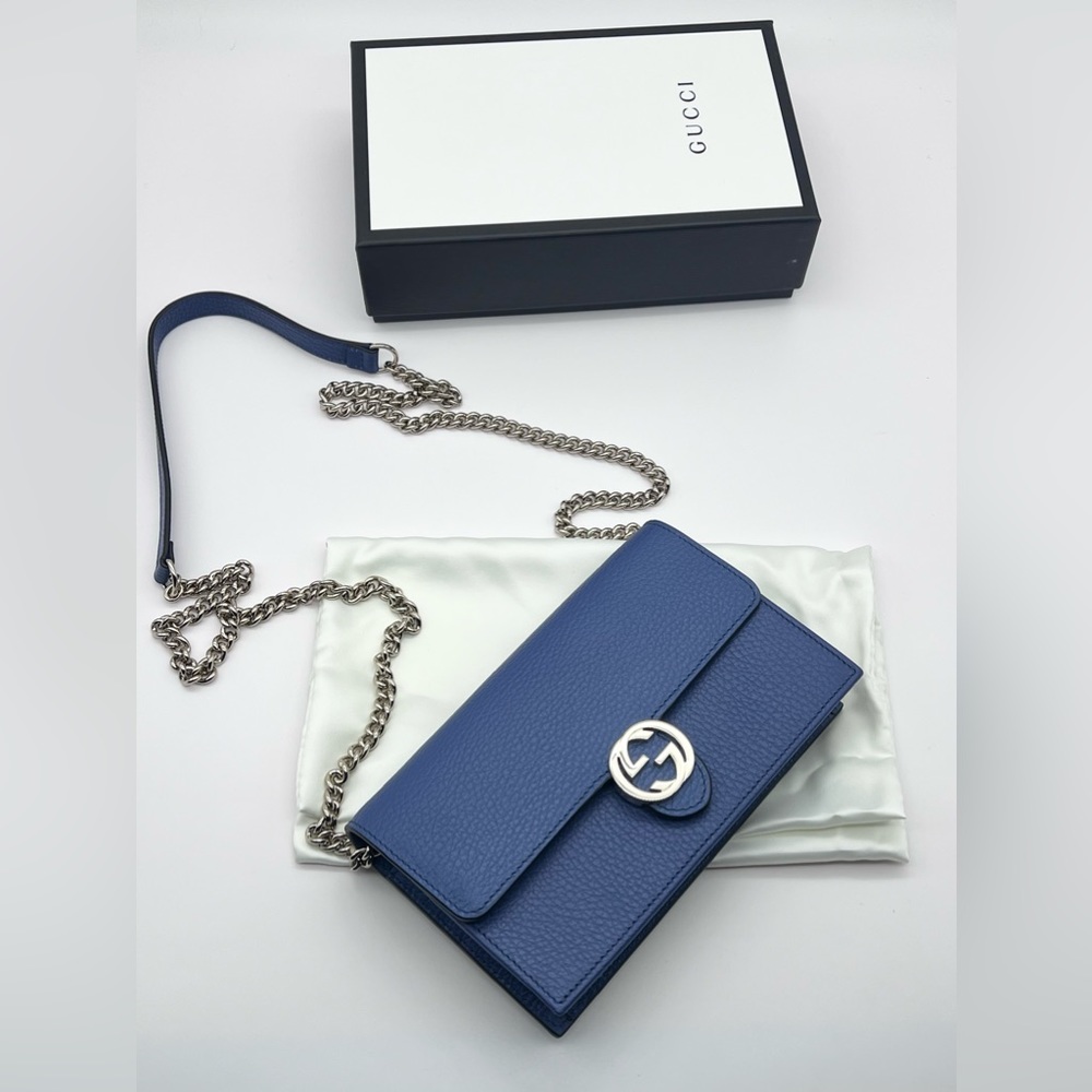 ❌SOLD❌NWT Gucci Dollar Calfskin Interlocking G Chain Wallet Bag Caspian Blue - Picture 6 of 13